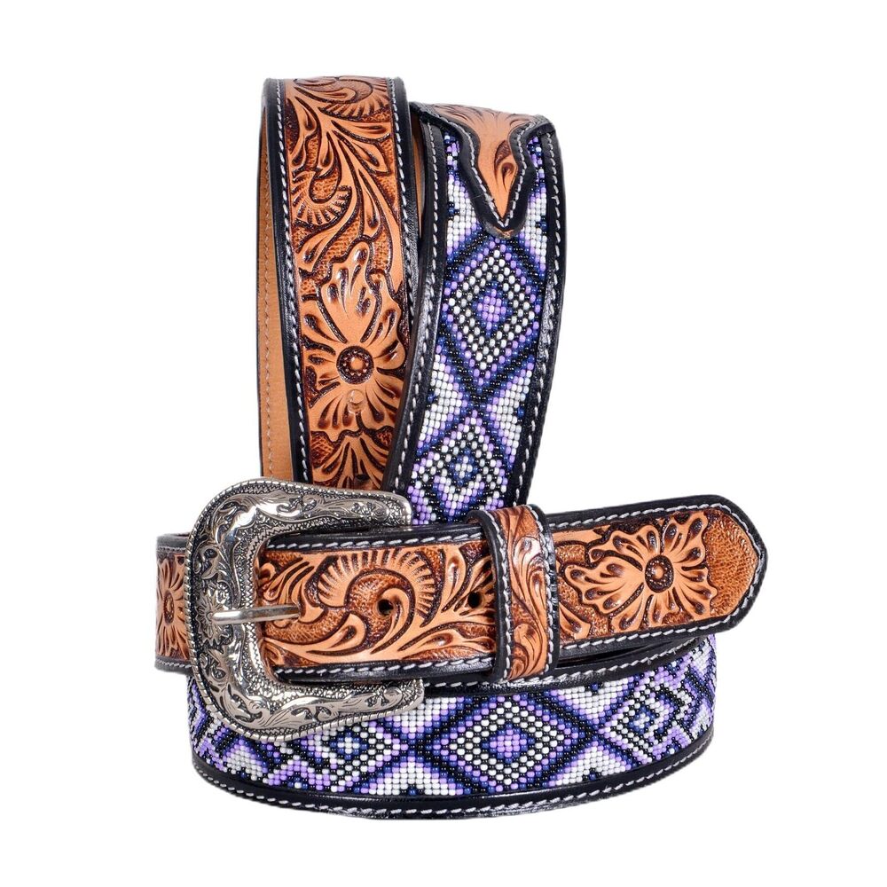 6859 Western Tooled Leather Beaded Belt For Men And Women